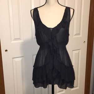 Sheer ruffled sleeveless top navy blue